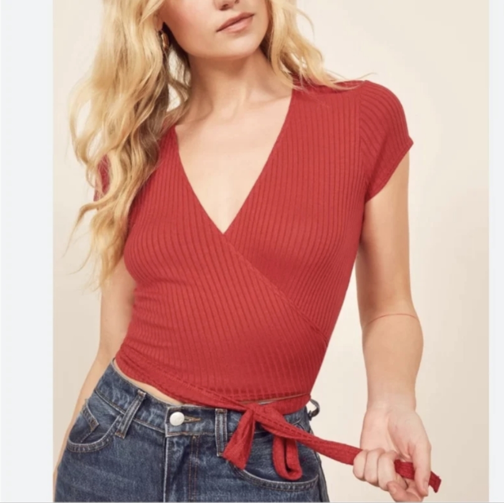 reformation red flora wrap crop top